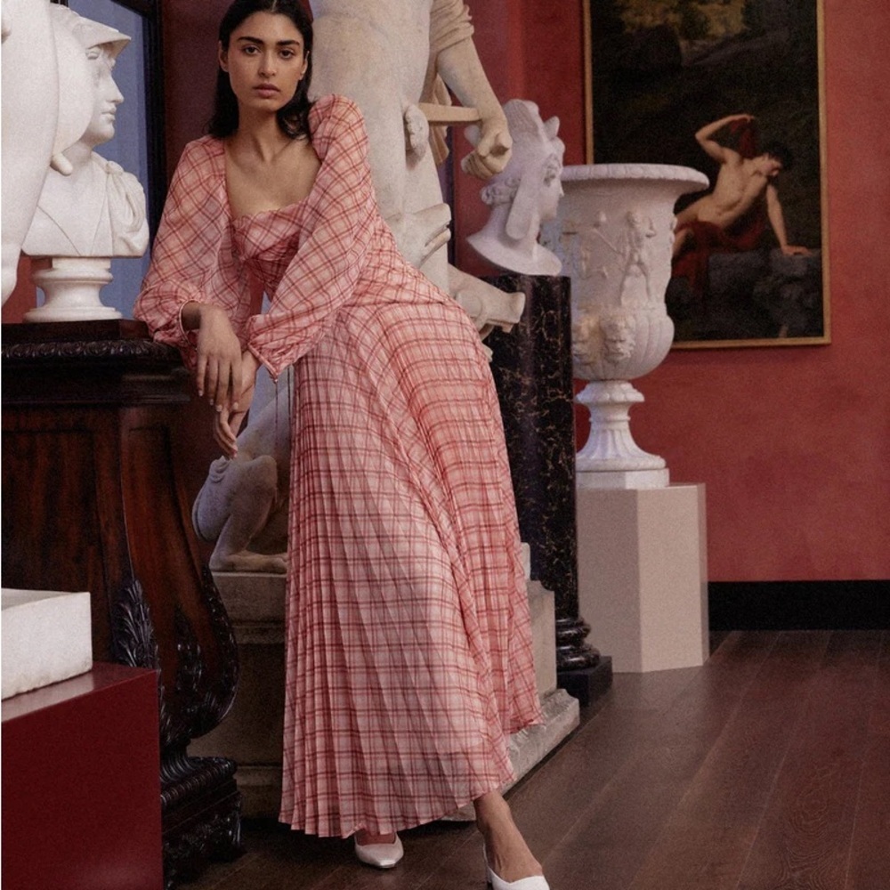 Acler Mattison Midi Peach Plaid Pleated Dress